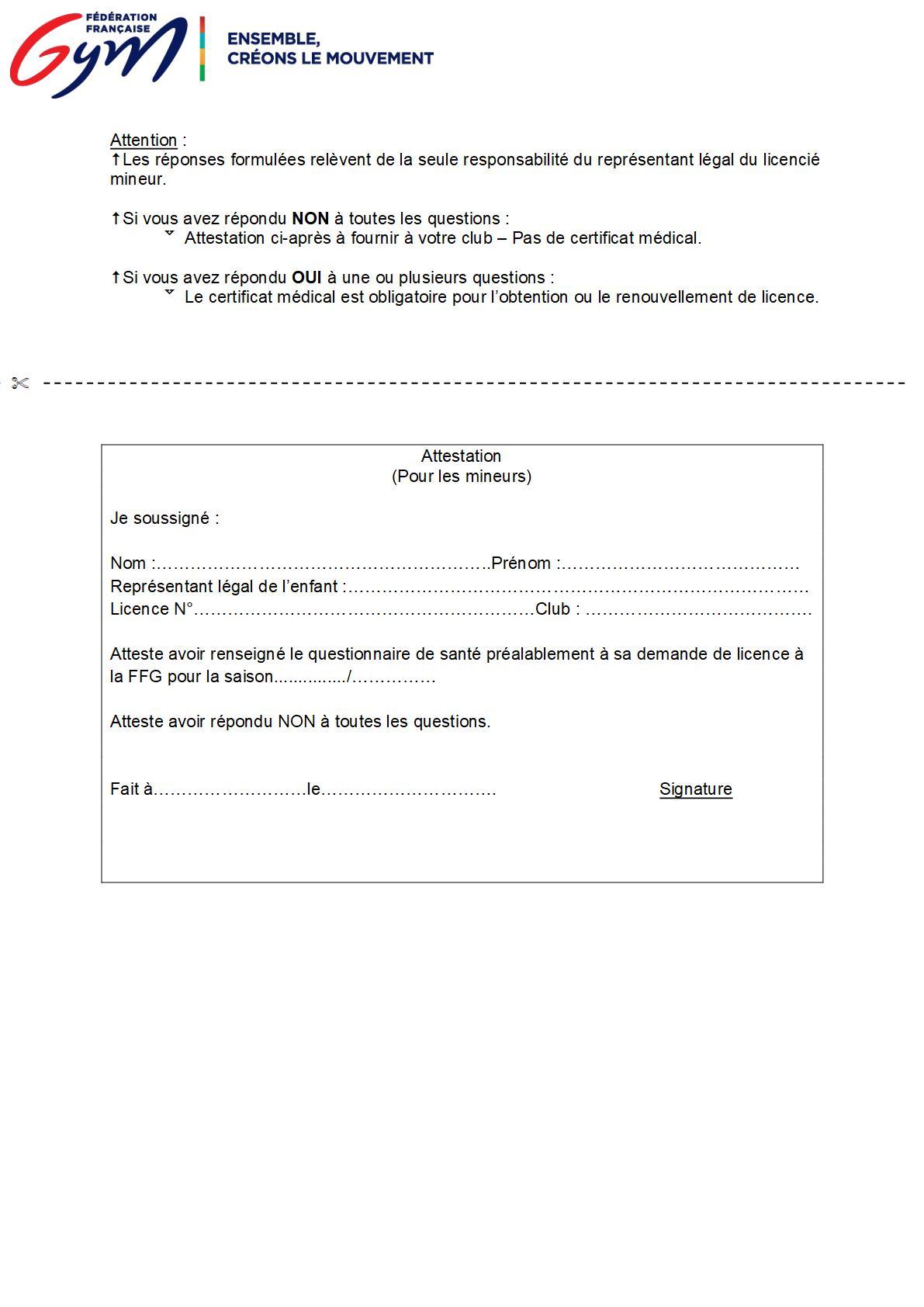 Licencies mineurs questionnaire de sante et attestation ffg 2025 2026 2