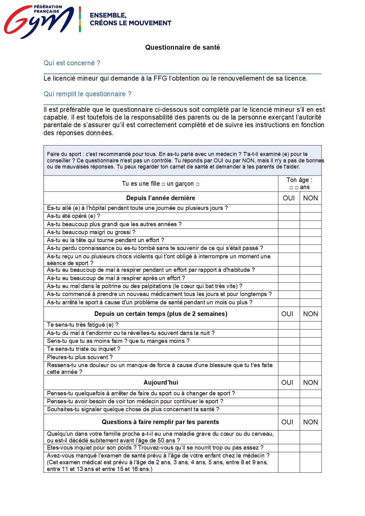 Licencies mineurs questionnaire de sante et attestation ffg 2025 2026